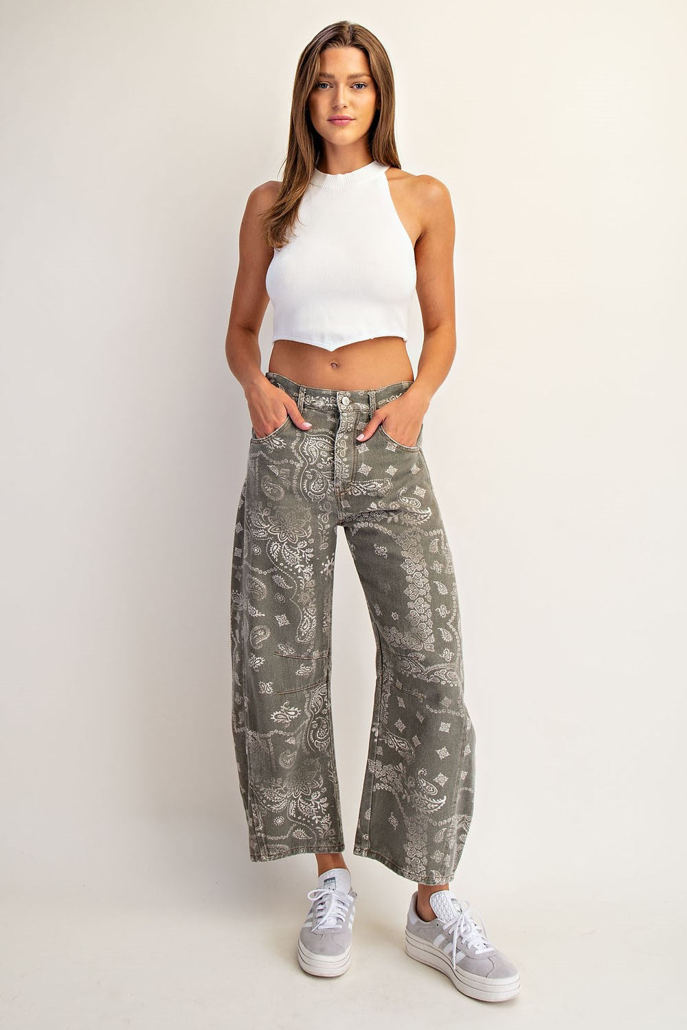 Mineral Washed Paisley Printed Barrel Jeans
