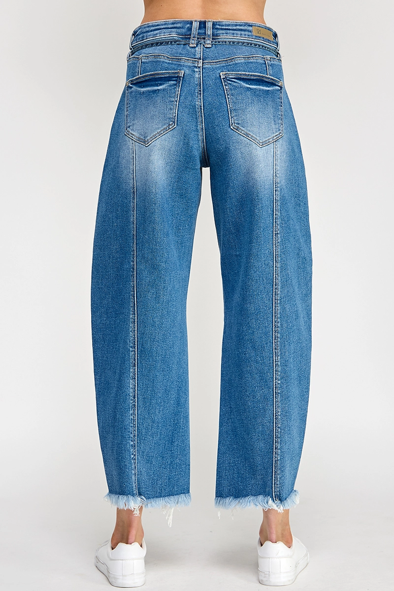 HIgh Rise Barrel Jeans with Tie Belt