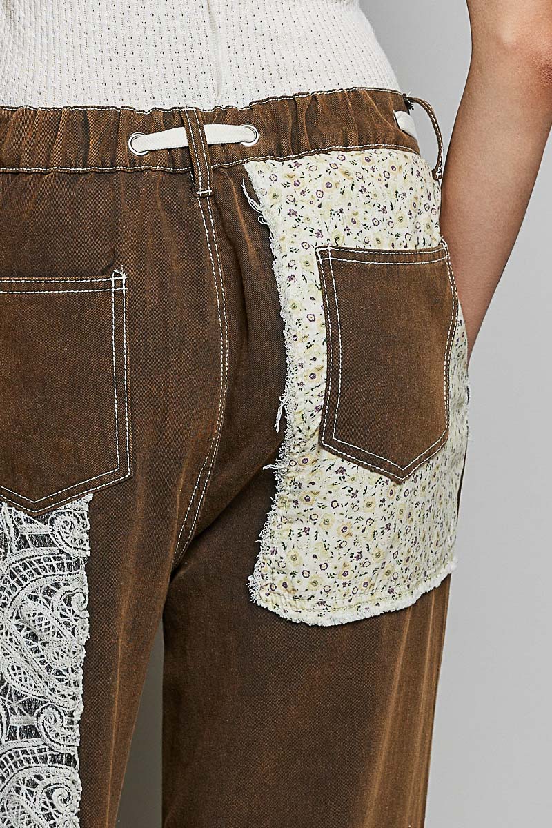 Drawstring Floral Patch Denim Pants