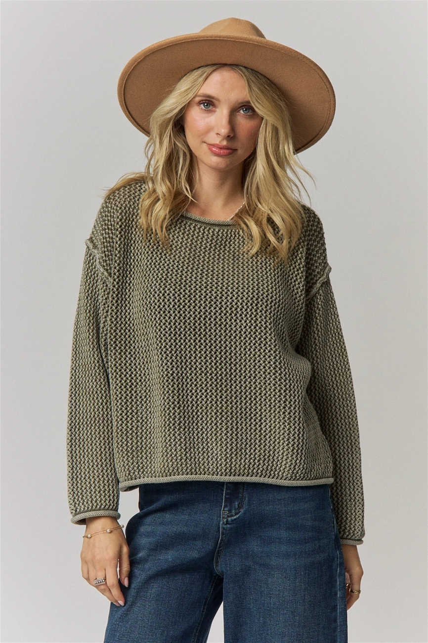 Rolled Hem Textured Knit Sweater