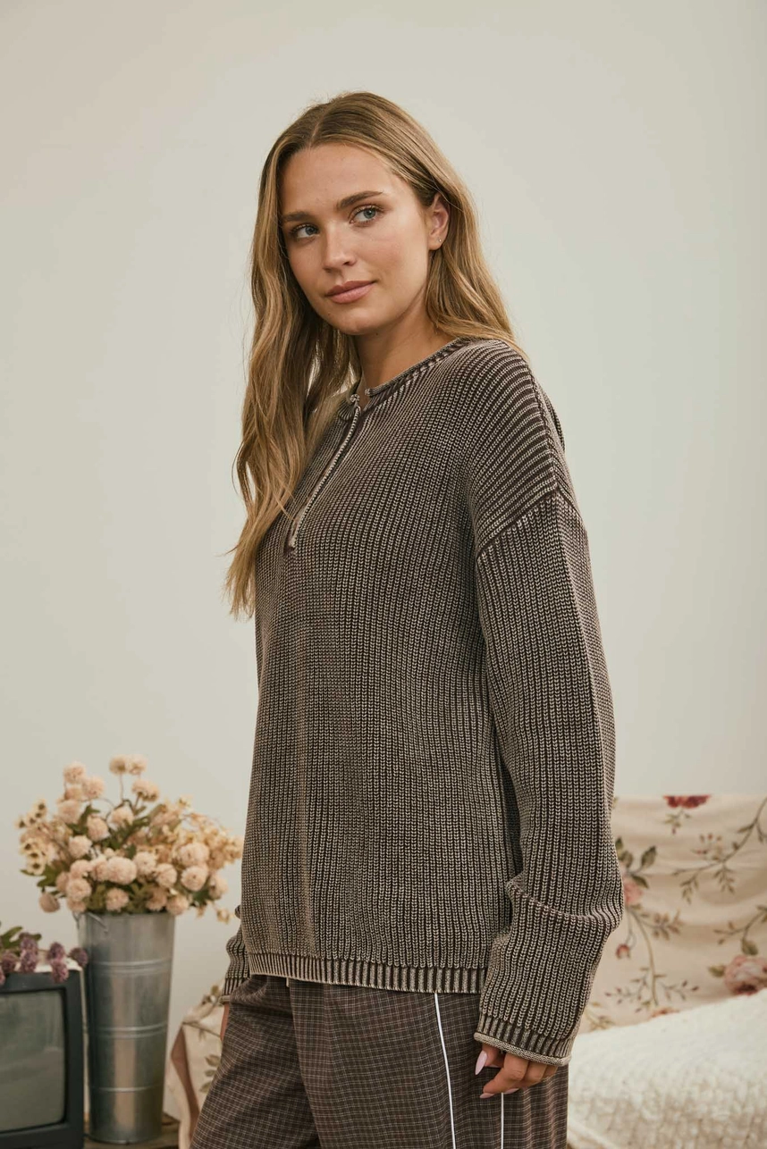 L/S Ribbed Drop Shoulder Henley Knit Sweater