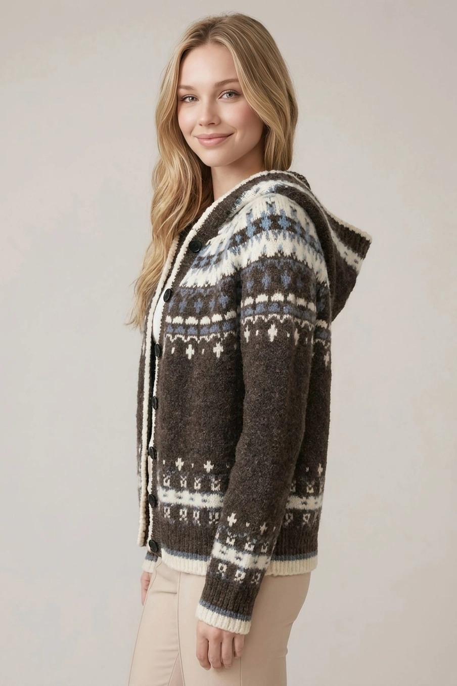 Abstract Multi-Color Hooded Button Front Cardigan