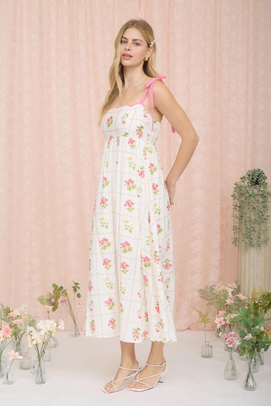 Floral Tile Pattern Scalloped Tie Strap Dress