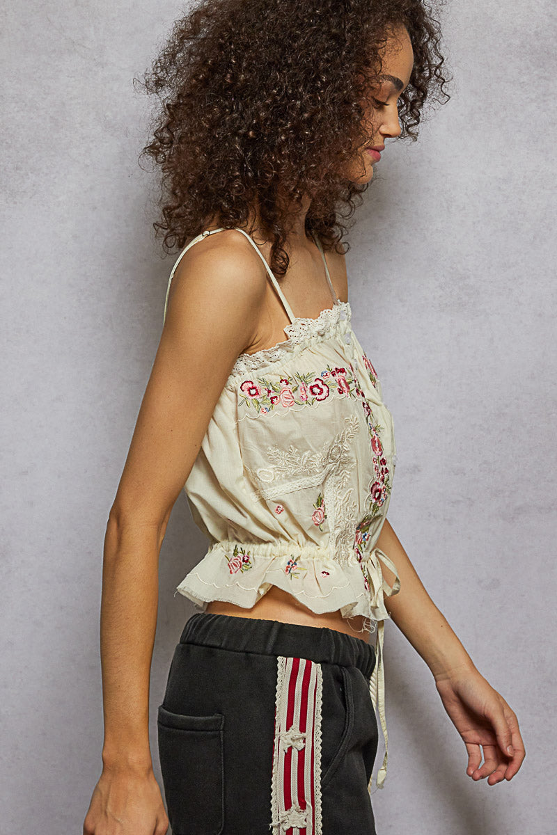 Sleeveless Embroidered Trim Solid Poplin Top