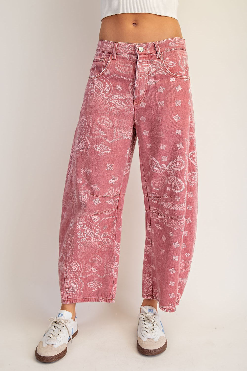 Mineral Washed Paisley Printed Barrel Jeans