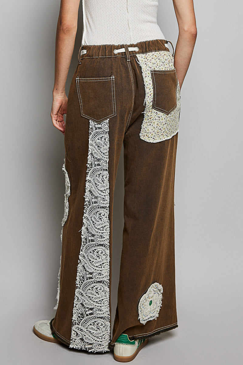 Drawstring Floral Patch Denim Pants