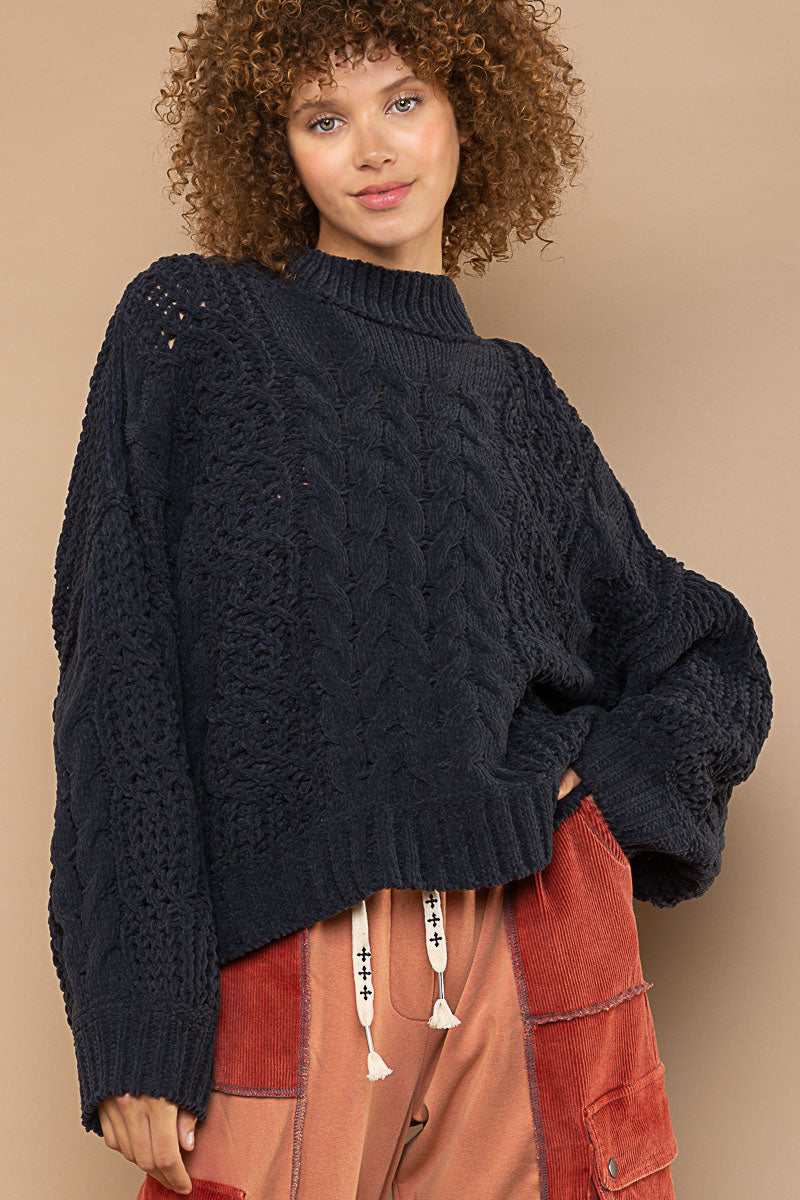 Chenille Cable Knit Mock Collar Sweater