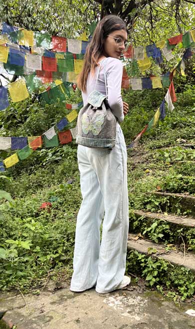 Blue Cotton Backpack with Embroidered Butterfly