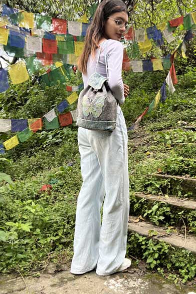 Blue Cotton Backpack with Embroidered Butterfly