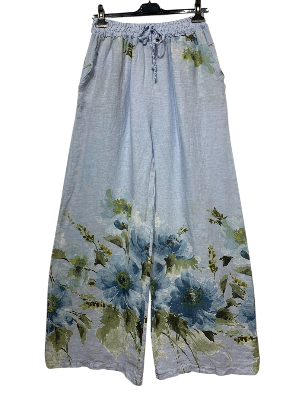 Floral Wide Leg Drawstring 100% Linen Pants