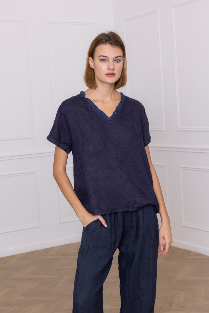 Linen Top with Collar Detail