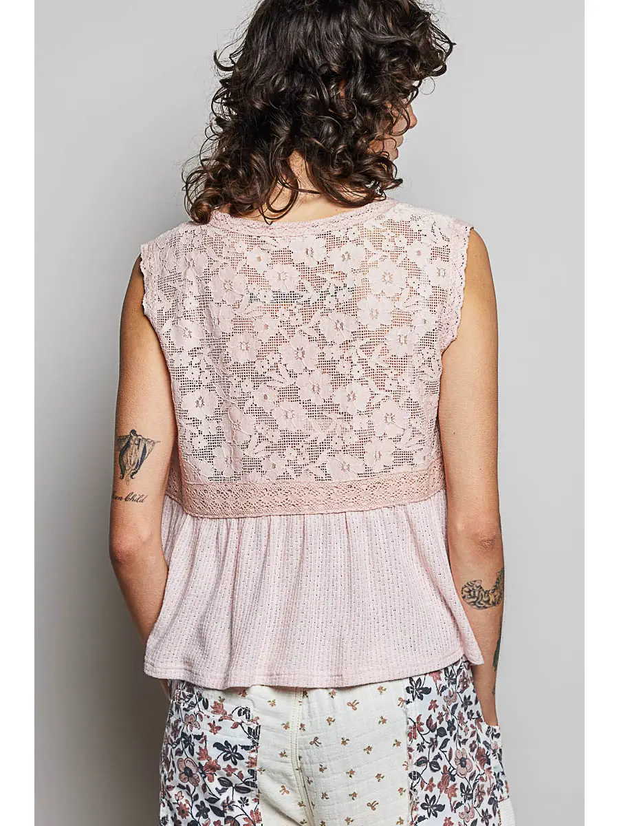 Lace Tie Front Peplum Sleeveless Top