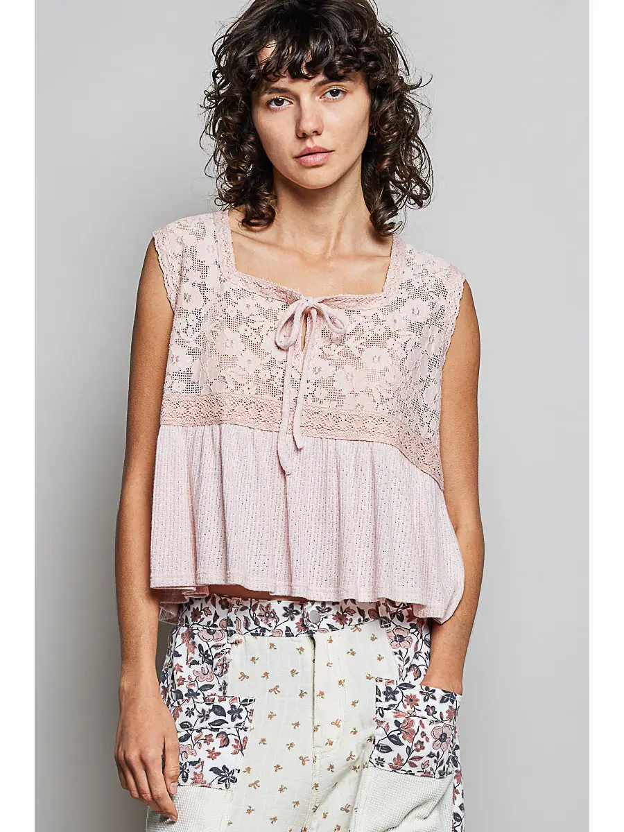 Lace Tie Front Peplum Sleeveless Top