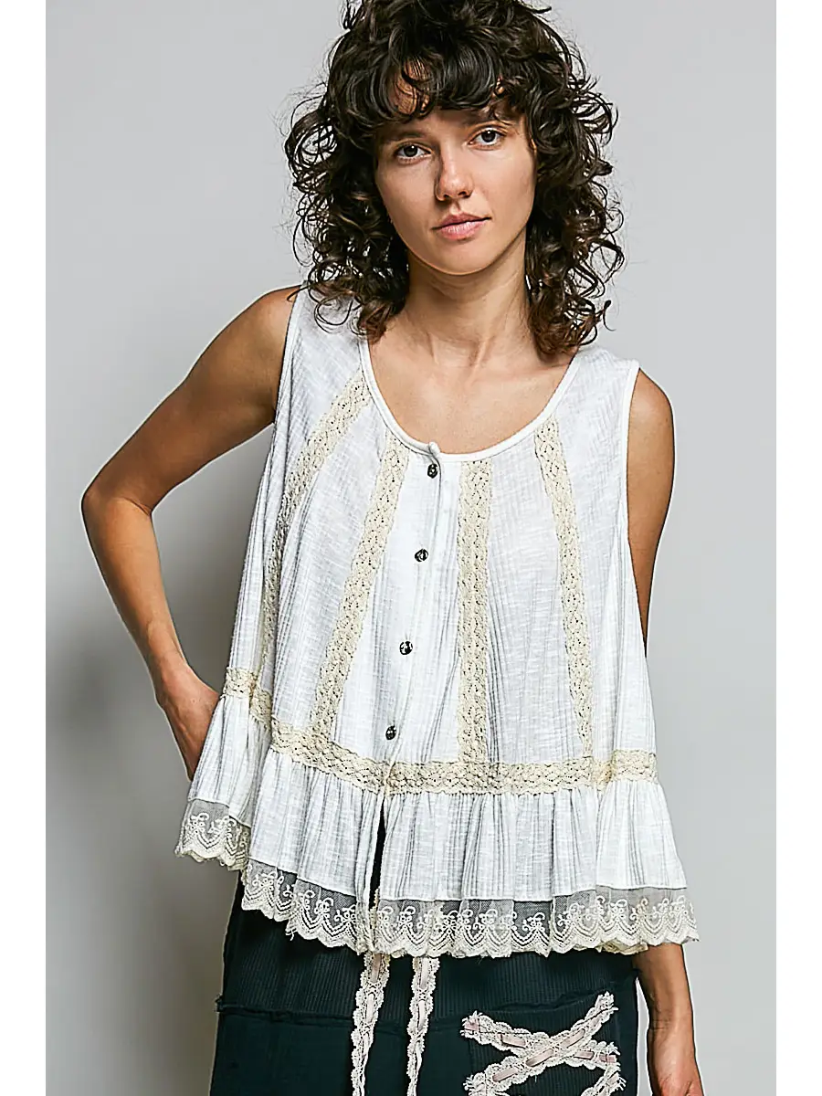 Button Down Lace Sleeveless Top