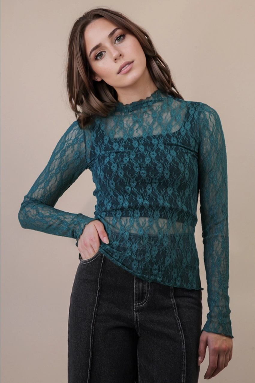 High Neck Sheer Mesh Lace Top