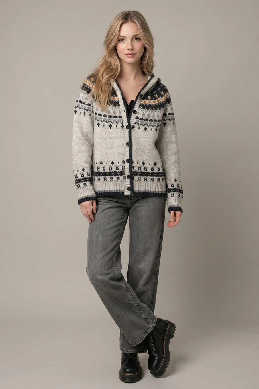 Abstract Multi-Color Hooded Button Front Cardigan