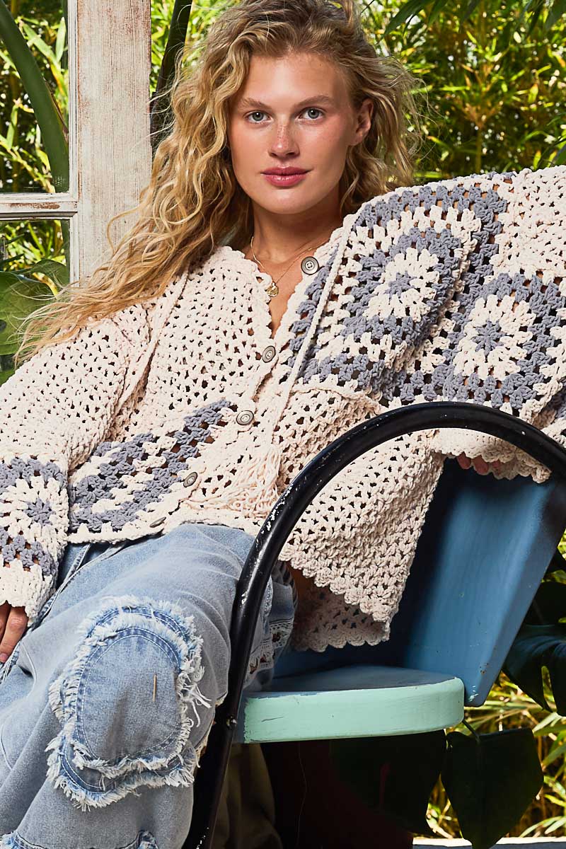 Hand Knit Squares Hooded Button Closure Cardigan