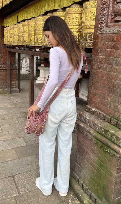 Purple Cotton Crossbody Bag with Hand Woven Flower