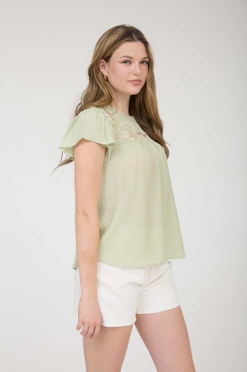 Floral Embroidery Yoke Detail Flounce Sleeve Top