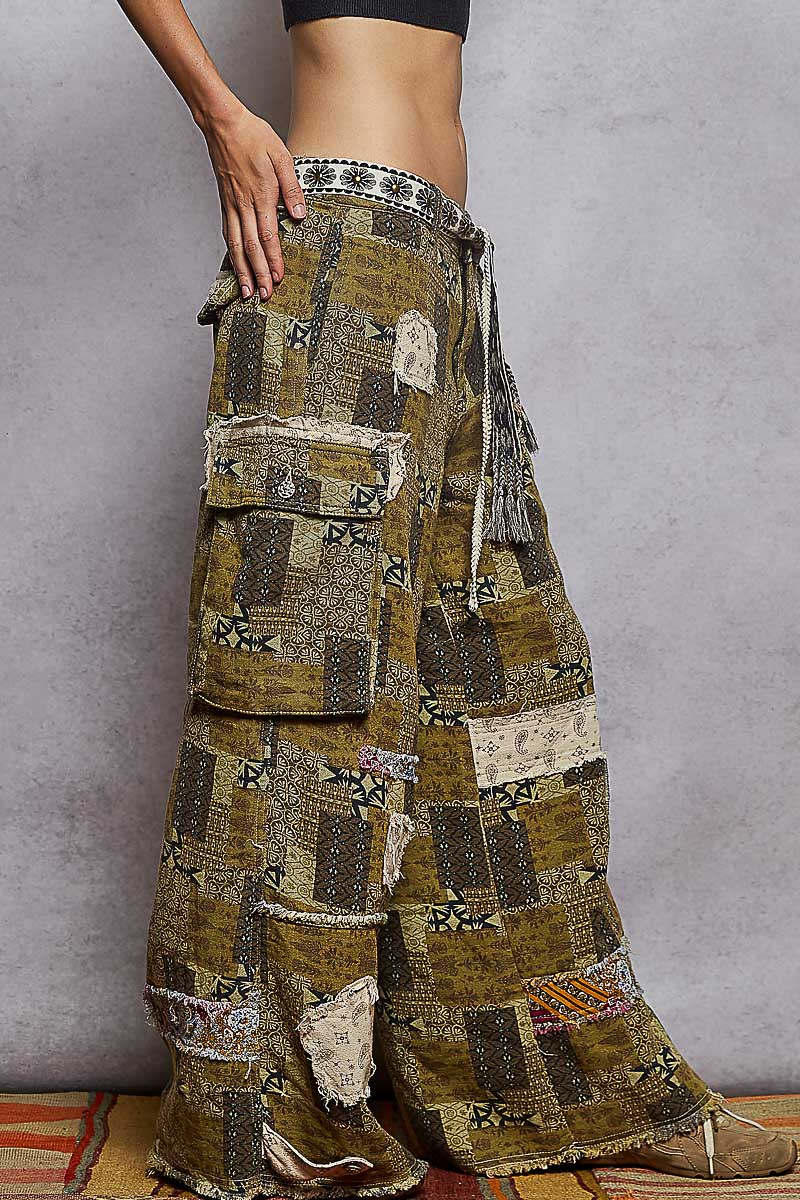 Contrast Patches Printed Straight Woven Twill Pants