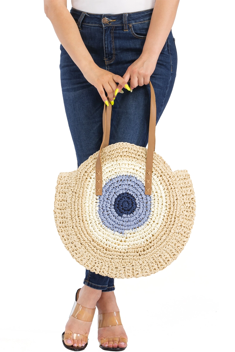 Boho Evil Eye Rattan Round Beach Tote