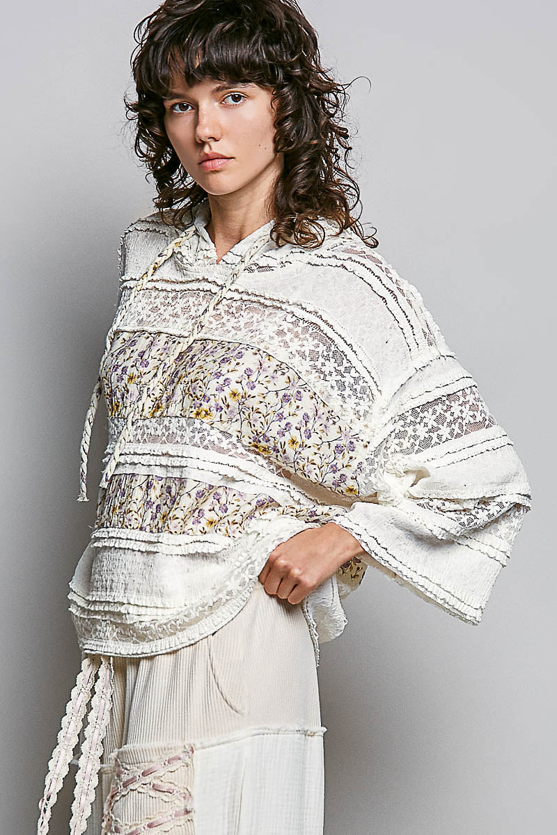 Floral Print Patch & Lace Hooded Top