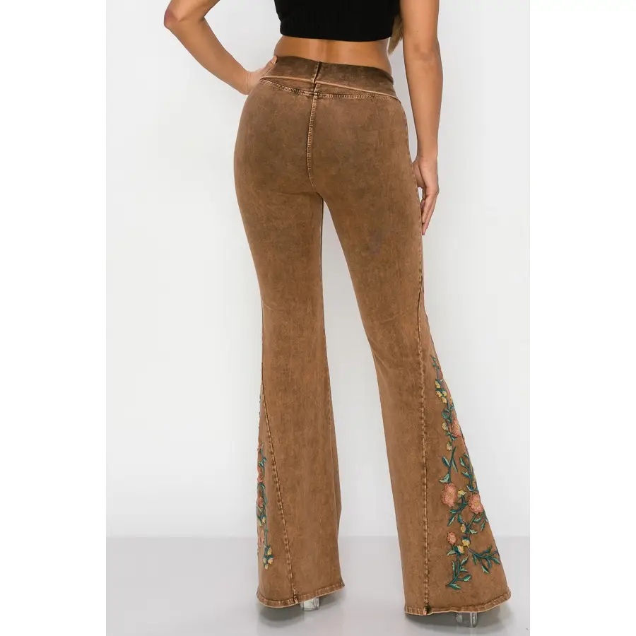 Mineral Wash Floral Embroidered Flare Pants