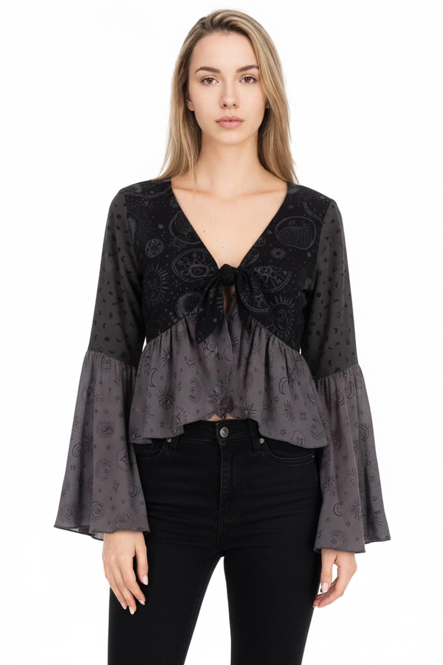 Celestial Patchwork Tie Front Top
