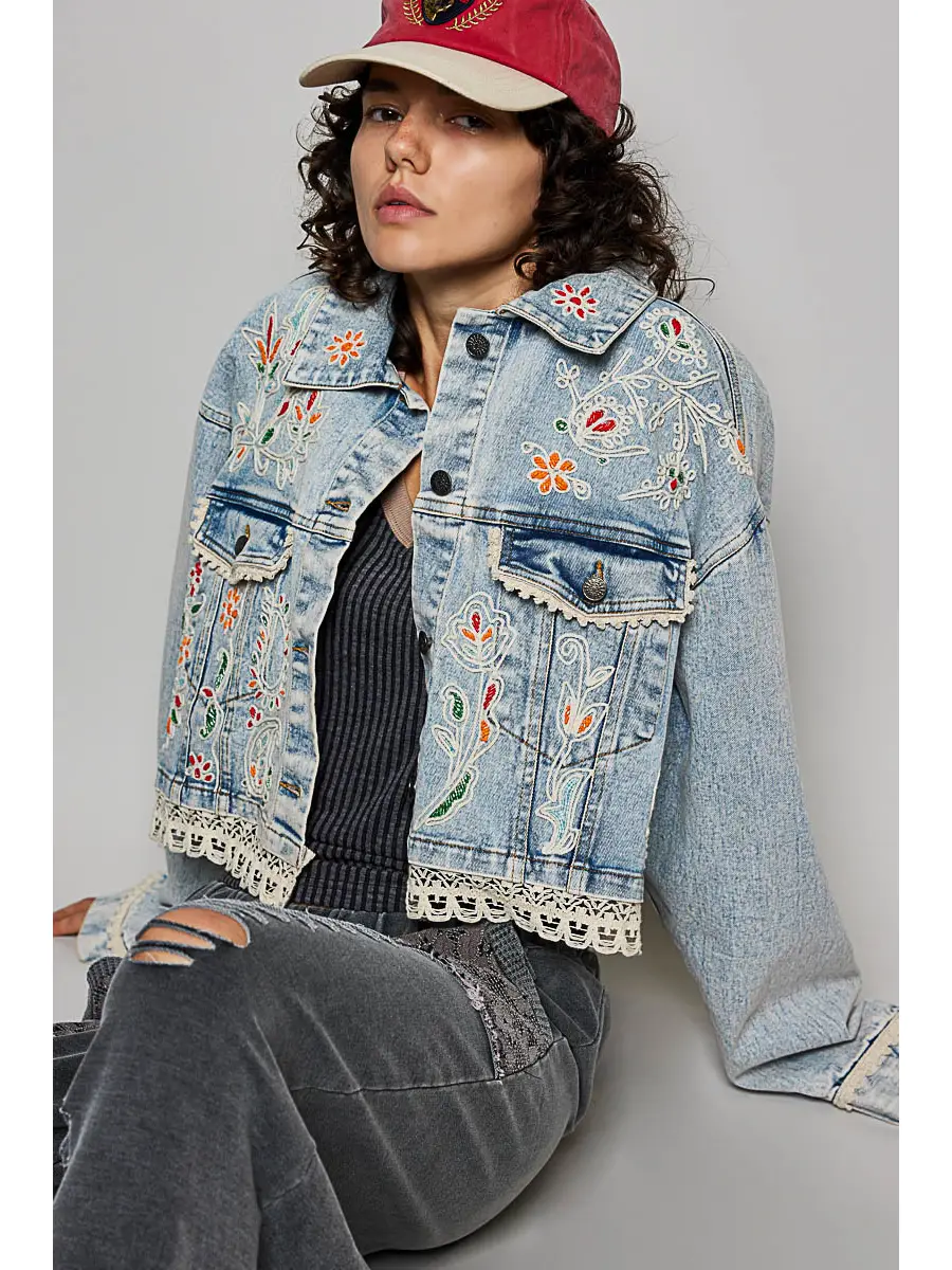 Floral Embroidery Lace Trim Denim Jacket