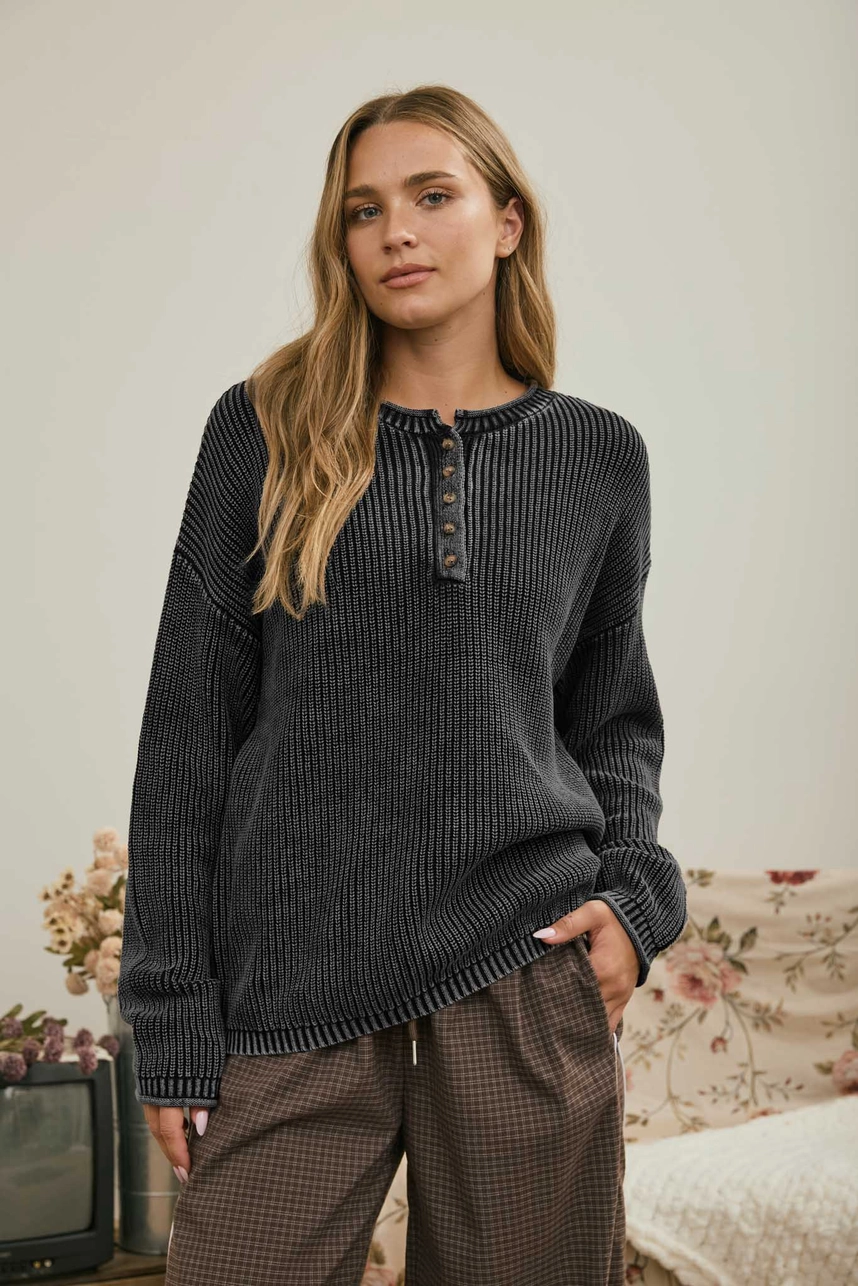L/S Ribbed Drop Shoulder Henley Knit Sweater