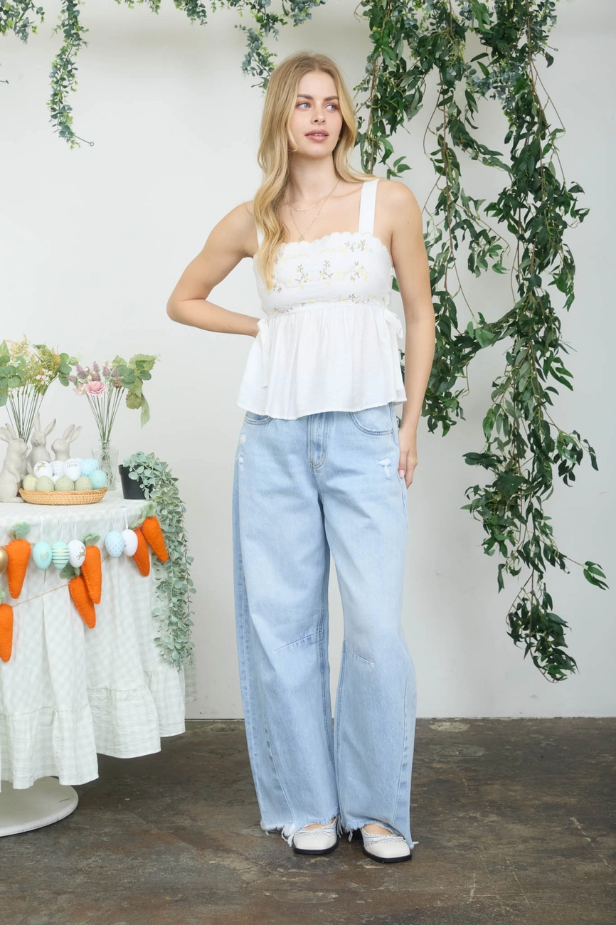 Floral Embroidery Side Tie Sleeveless Top