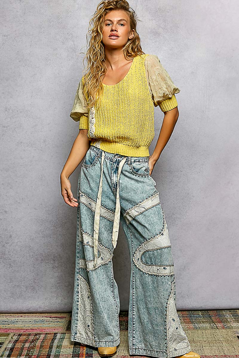 Stud Eyelet Lace Patch Wide Leg Pants