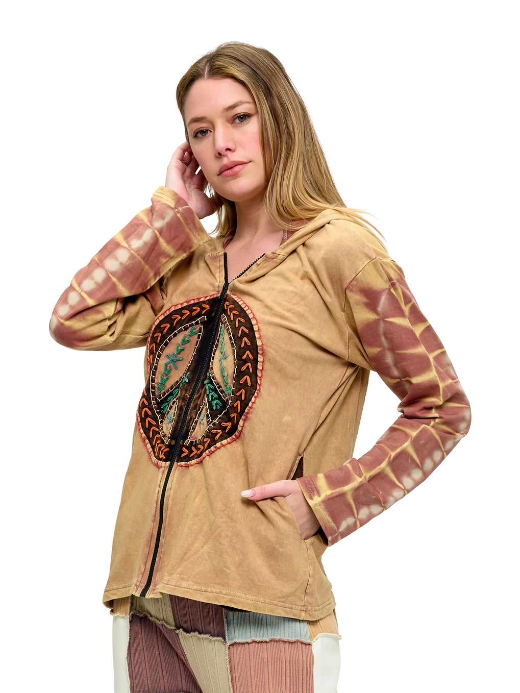 Zip-Up Peace Sign Patch Embroidered Hoodie