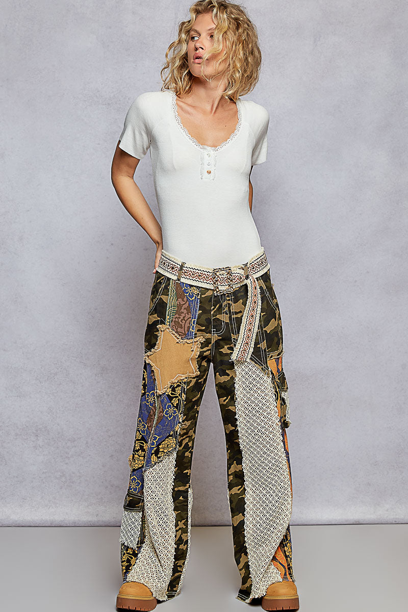 Printed Patchwork Detail Woven Twill Pants