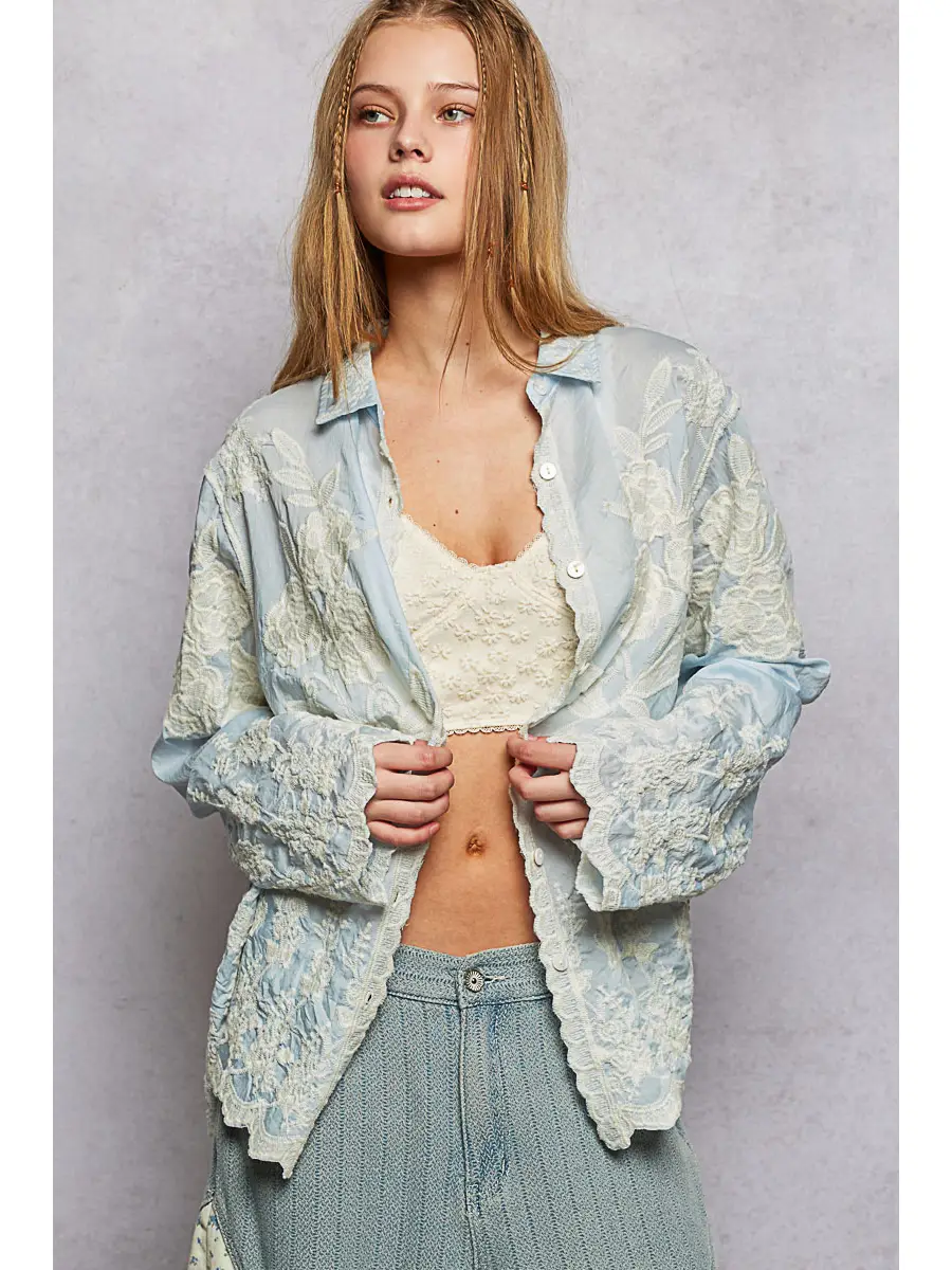 Long Sleeve Embroidered Scalloped Edge Shirt Top Blue