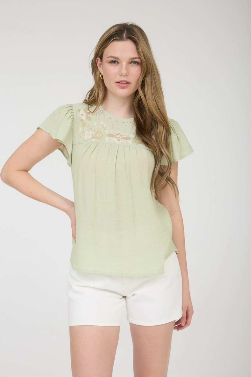 Floral Embroidery Yoke Detail Flounce Sleeve Top