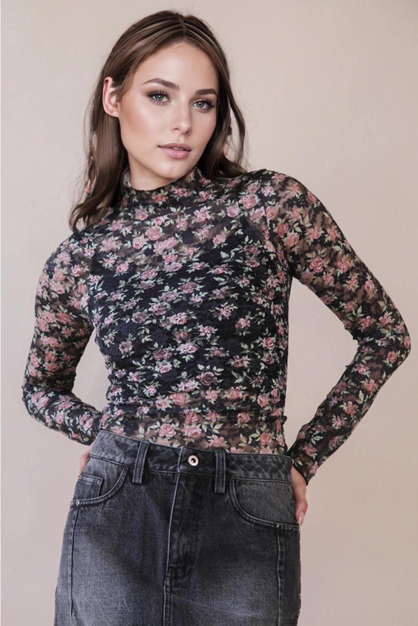 High Neck Sheer Mesh Lace Top