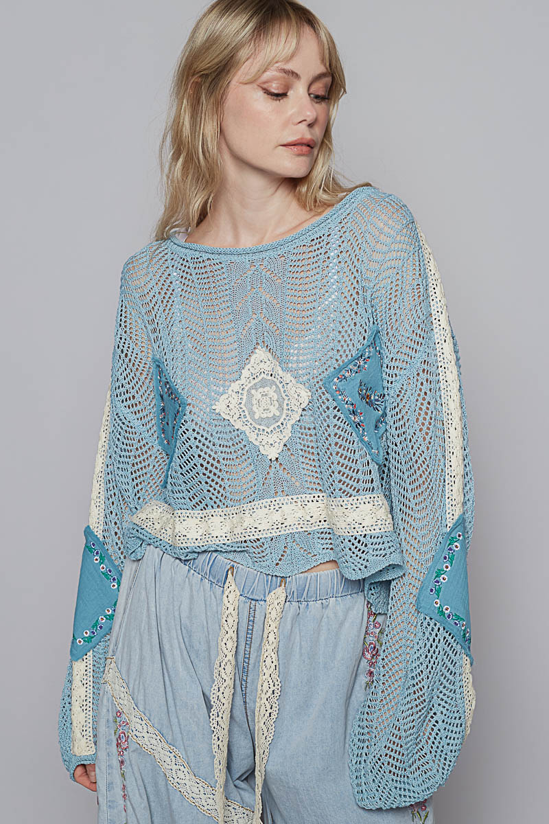 Cropped Crochet Patch Sweater