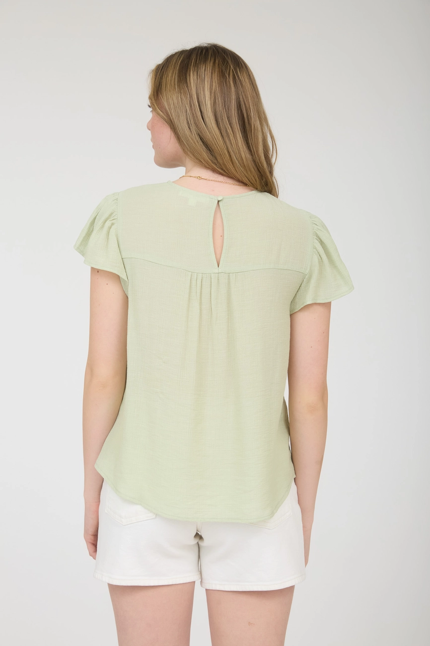 Floral Embroidery Yoke Detail Flounce Sleeve Top