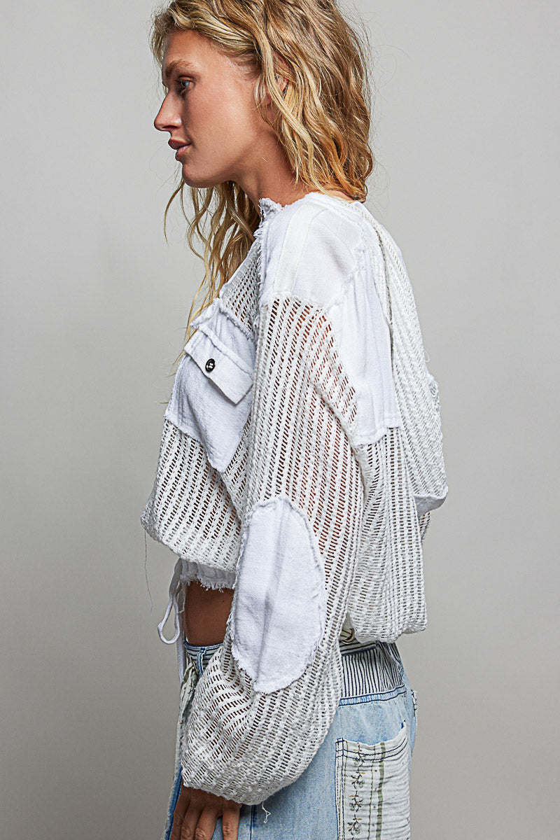 Open Knit Button Down Hooded Shirt