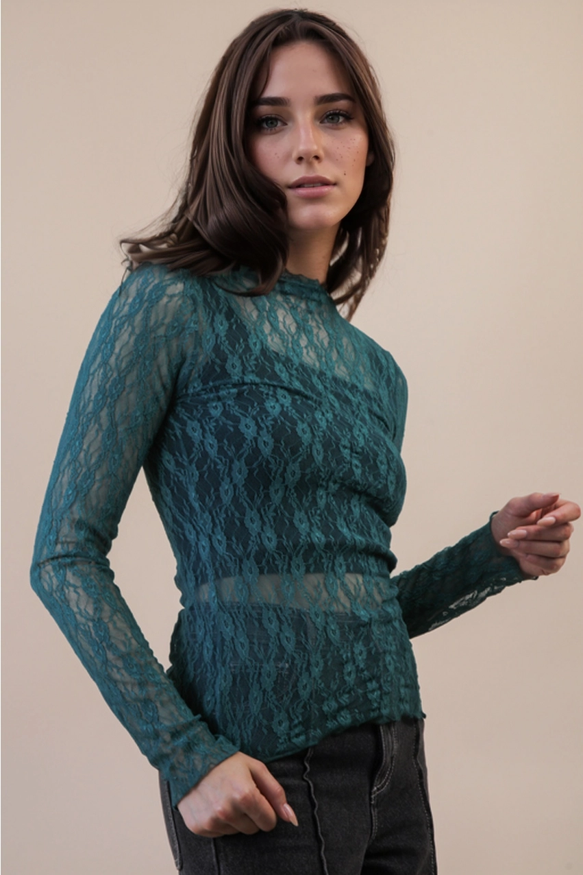 High Neck Sheer Mesh Lace Top