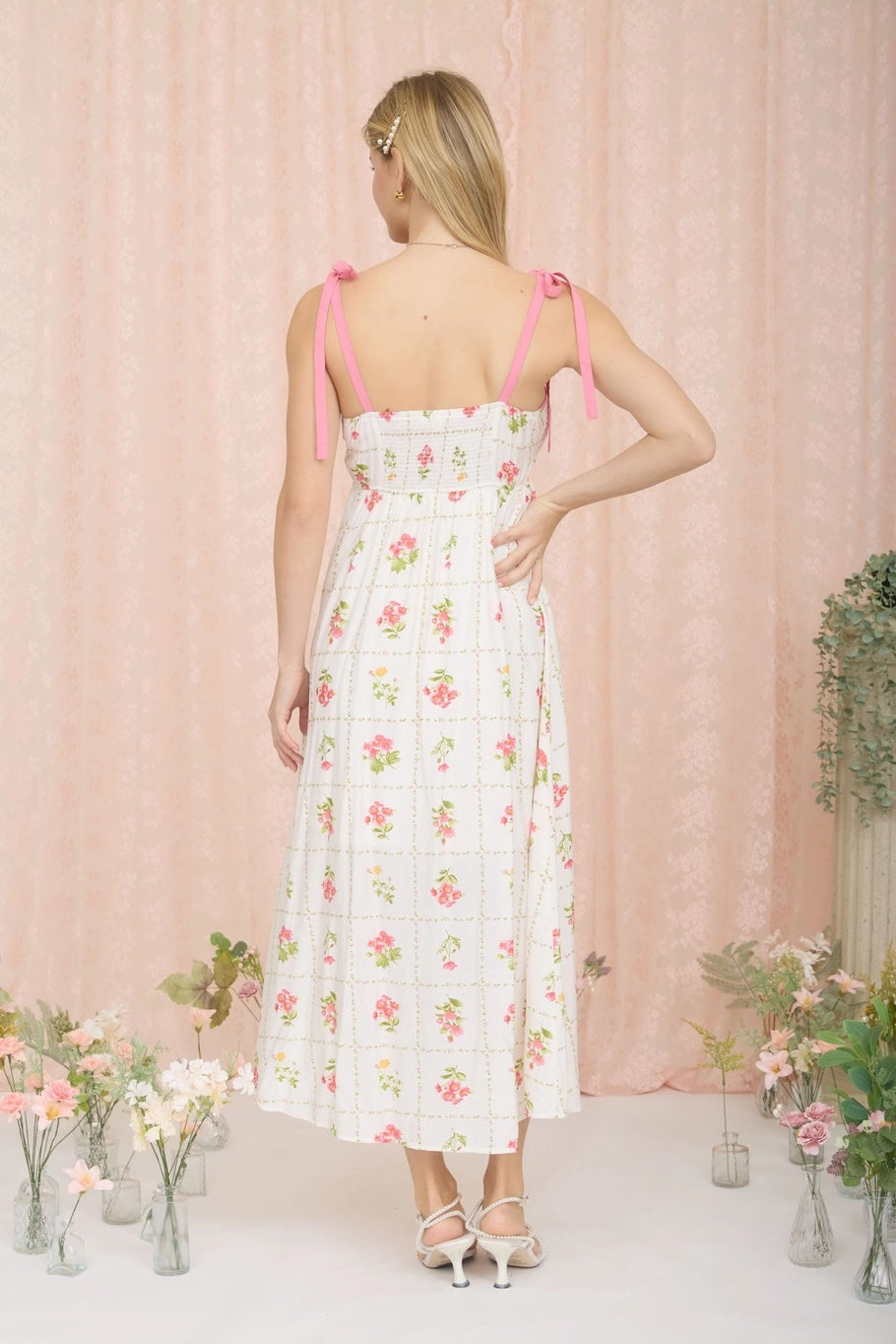 Floral Tile Pattern Scalloped Tie Strap Dress