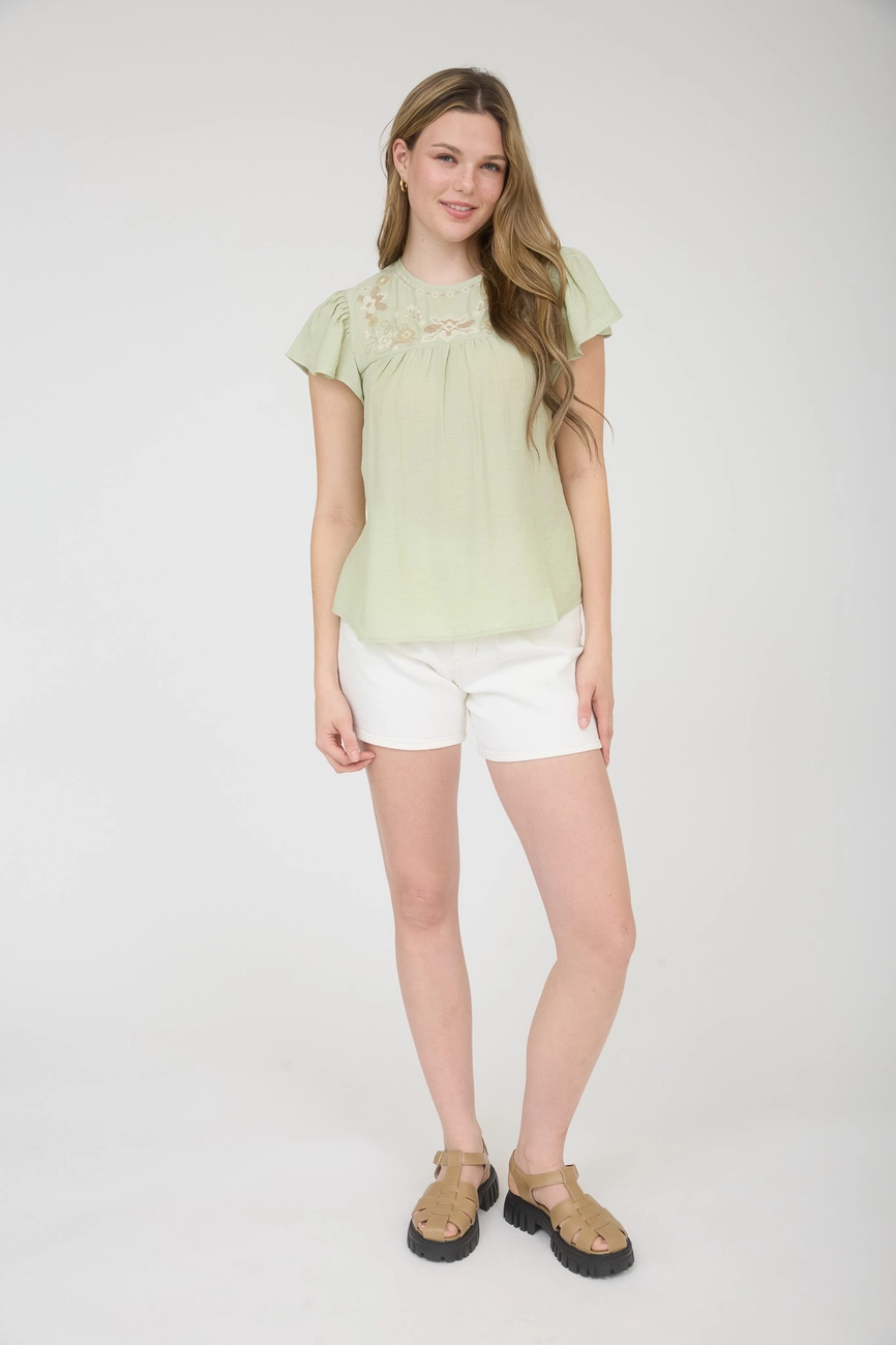 Floral Embroidery Yoke Detail Flounce Sleeve Top