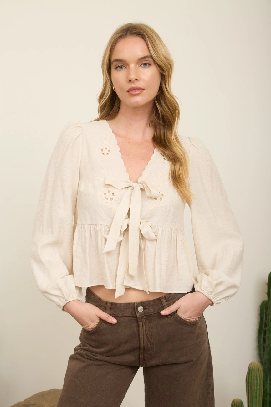 Floral Eyelet Embroidery Front Tie Long Sleeve Top