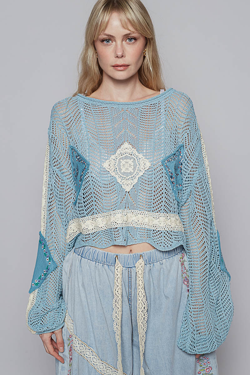 Cropped Crochet Patch Sweater