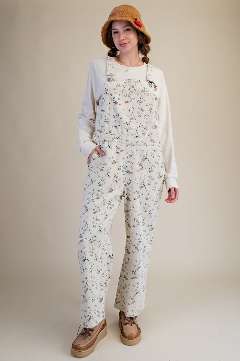 Floral Print Mineral Washed Cotton Twill Overalls