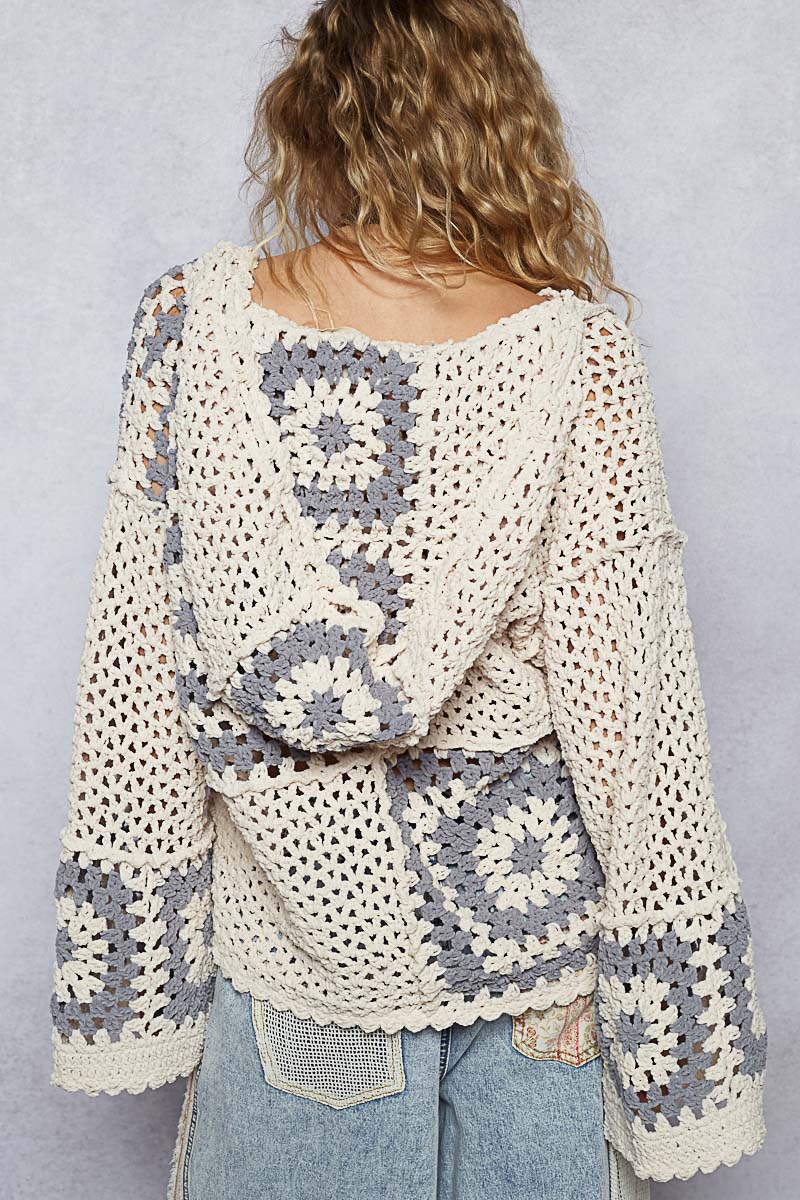 Hand Knit Squares Hooded Button Closure Cardigan