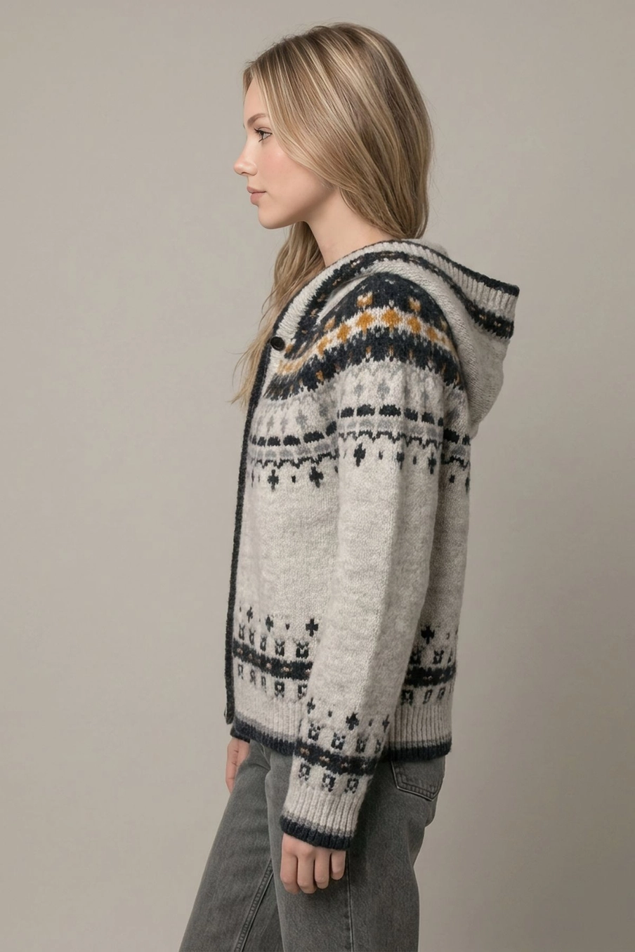 Abstract Multi-Color Hooded Button Front Cardigan