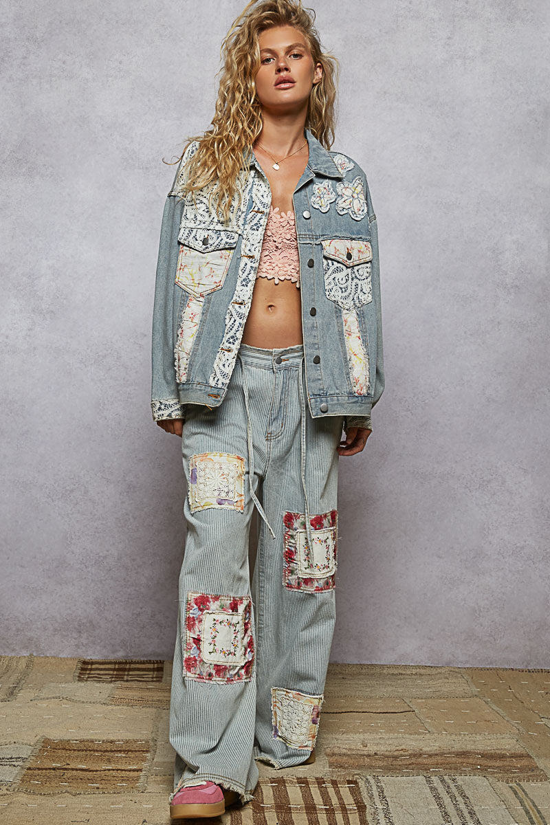 Vintage Washed Elastic Band Striped Denim Pants