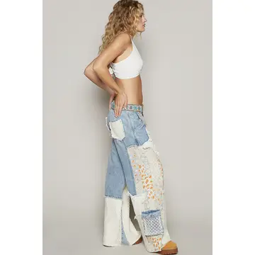 Printed Patchwork Detail Woven Twill Pants